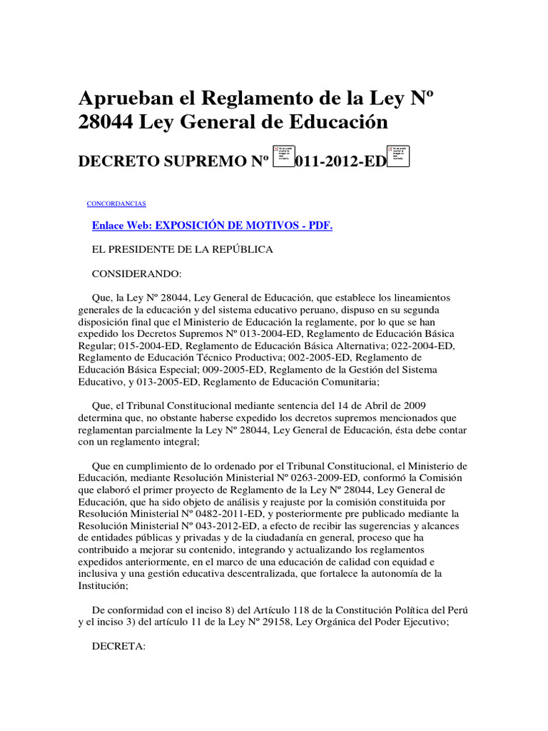 Reglamento Ley General de Educación Perú | PDF | Plan de estudios ...