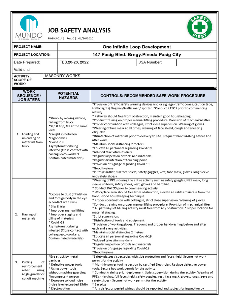 Masonry Job Hazard Analysis Guide | PDF