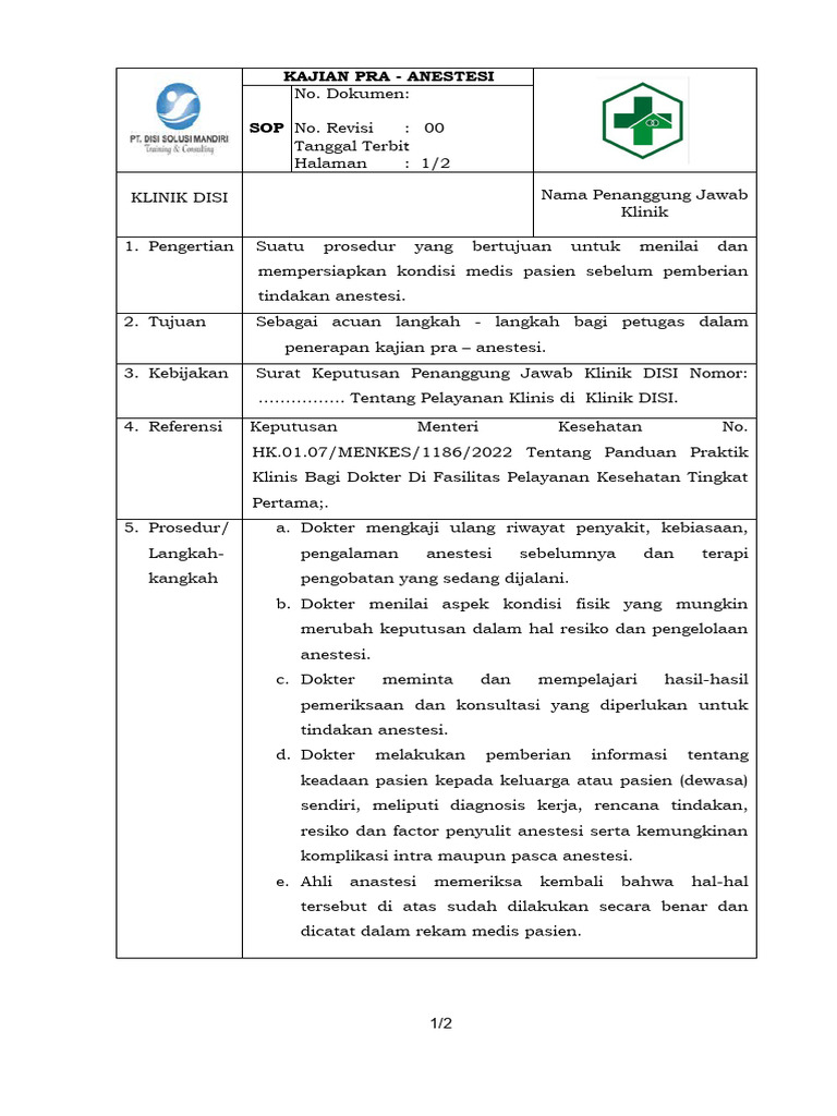 Sop Kajian Pra - Anestesi | PDF | Hukum | Pengembangan Diri