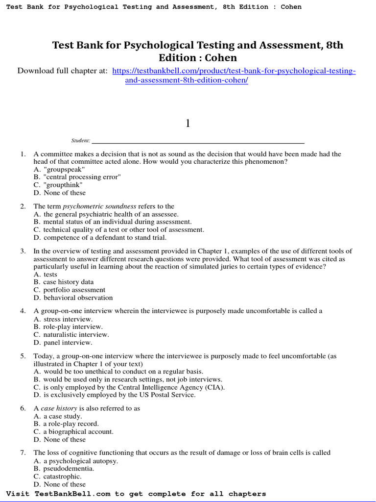 Test Bank For Psychological Testing and Assessment 8th Edition Cohen