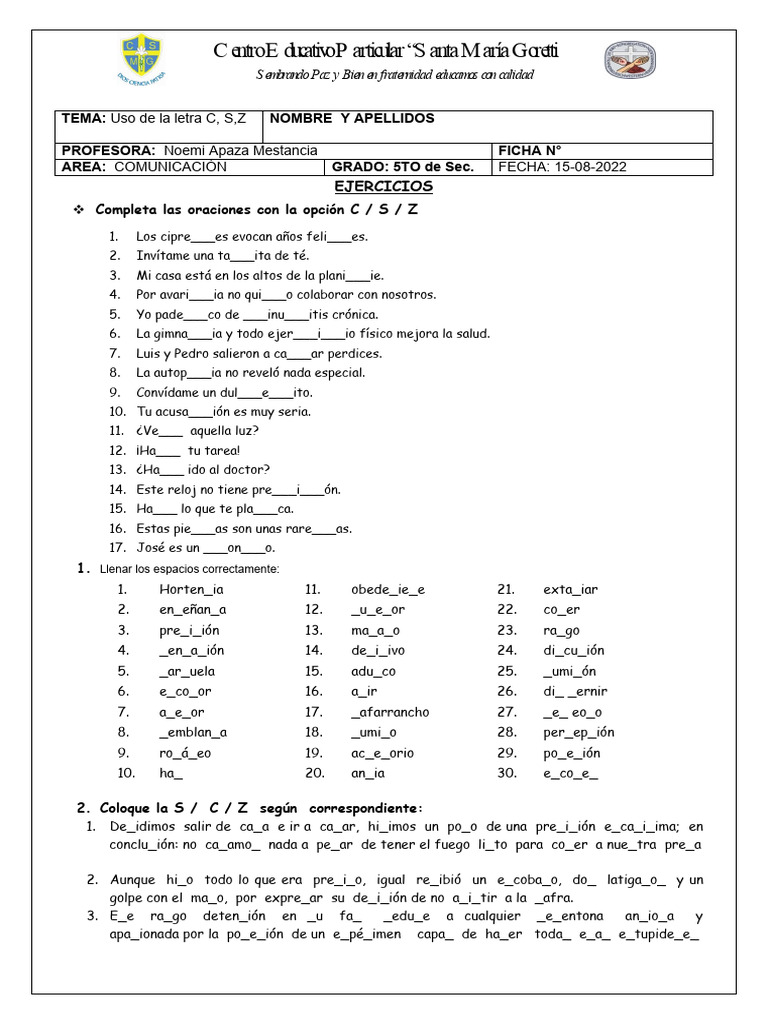 Ejercicios De Ortograf a C S Z Para Secundaria PDF Artes Del 