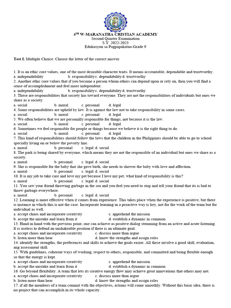 Esp 9 2nd Quarter Exam Pdf Volunteering Creativity