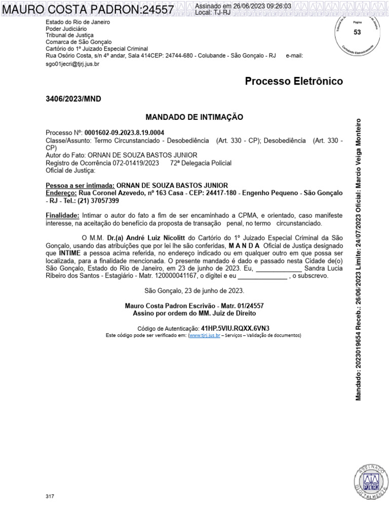 Processo Eletrônico: 3406/2023/MND Mandado de Intimação | PDF