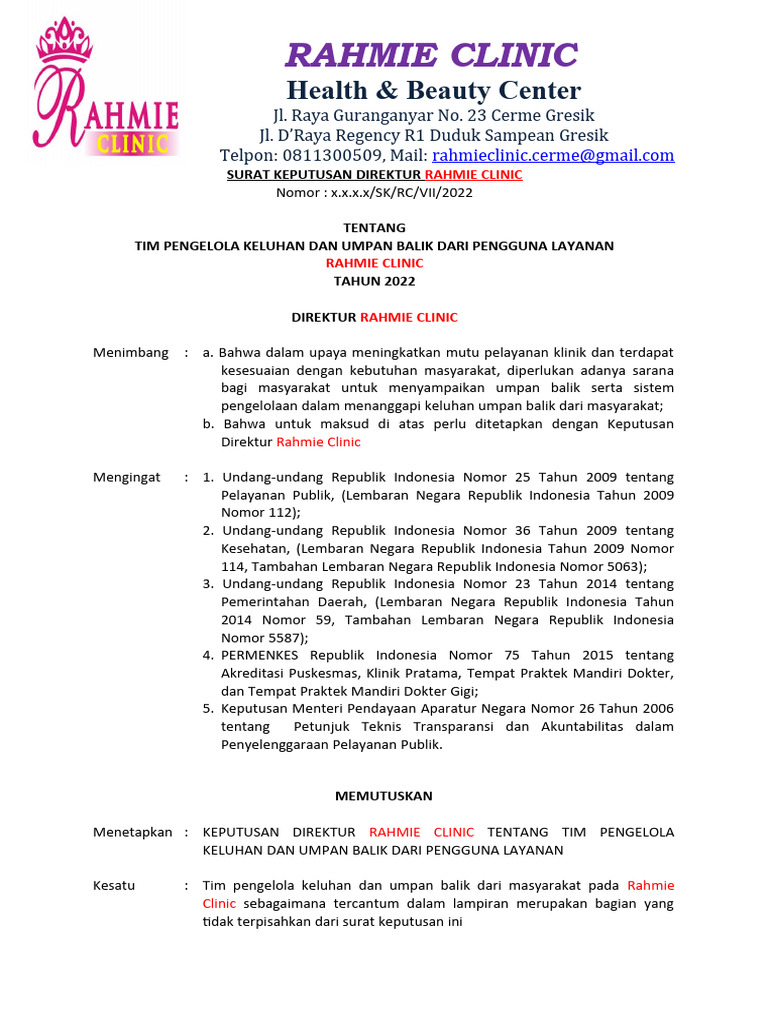 Tim Pengelola Umpan Balik Rahmie Clinic | PDF
