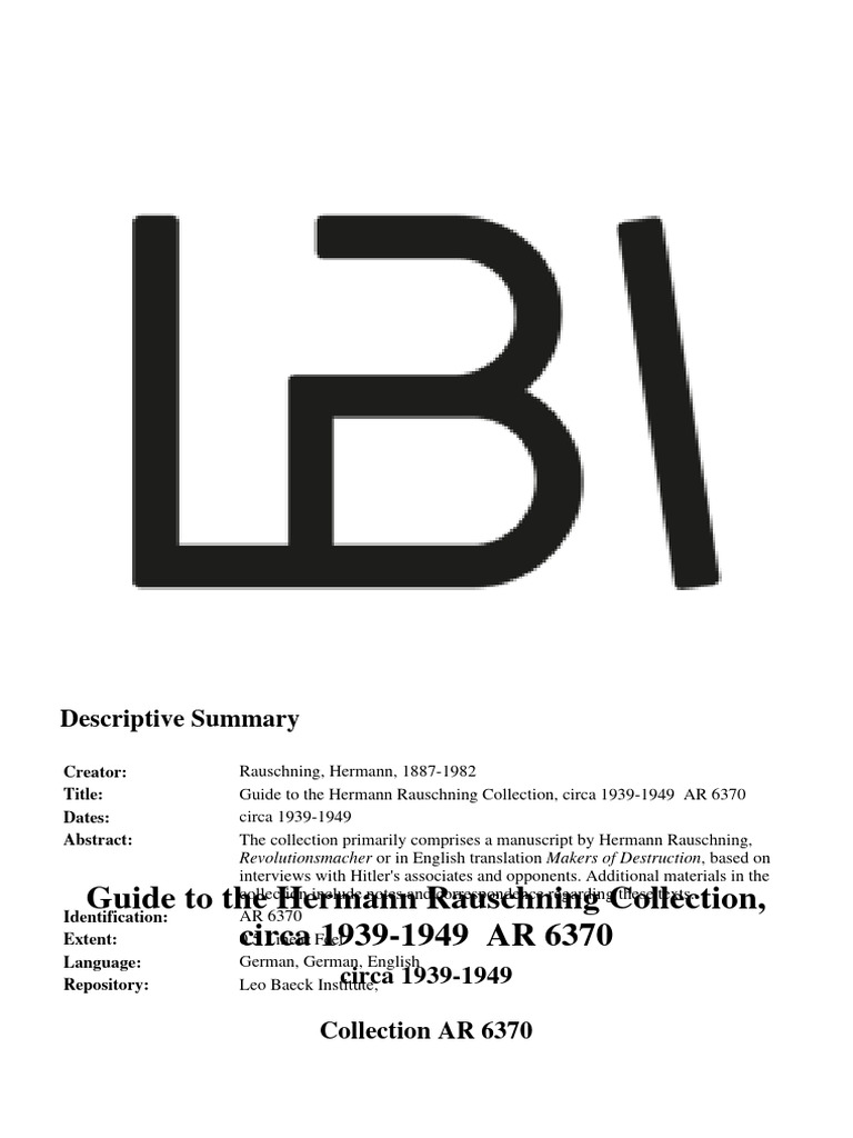 Hermann Rauschning Collection Guide | PDF | Nazism | Nazi Germany