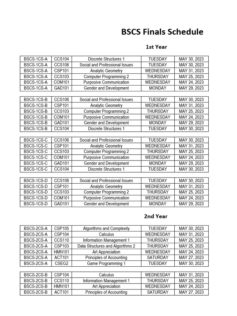 BSCS Finals Schedule 2023 | PDF