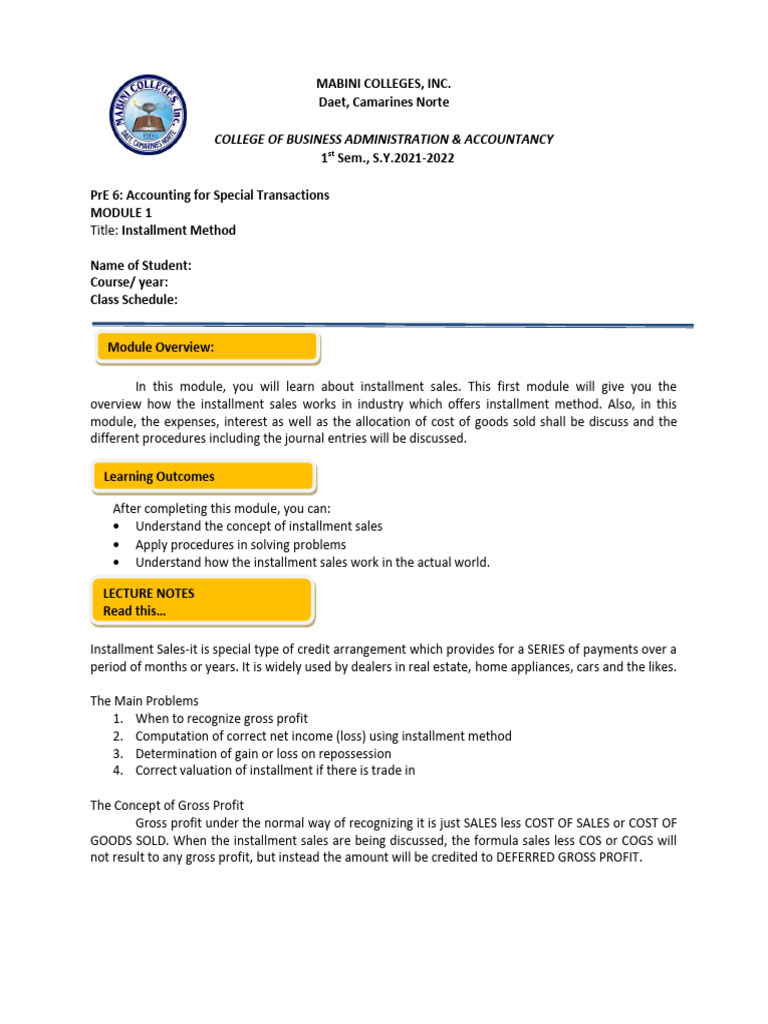 Installment Sales Accounting Overview | PDF | Gross Income | Cost Of ...