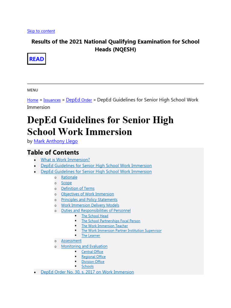 DepEd Guidelines for Work Immersion | PDF | Curriculum | Learning