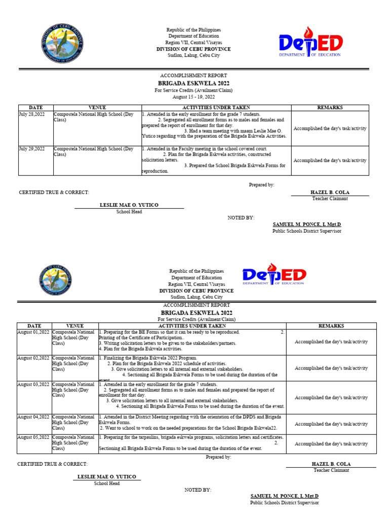 Accomplishment report brigada template pdf learning
