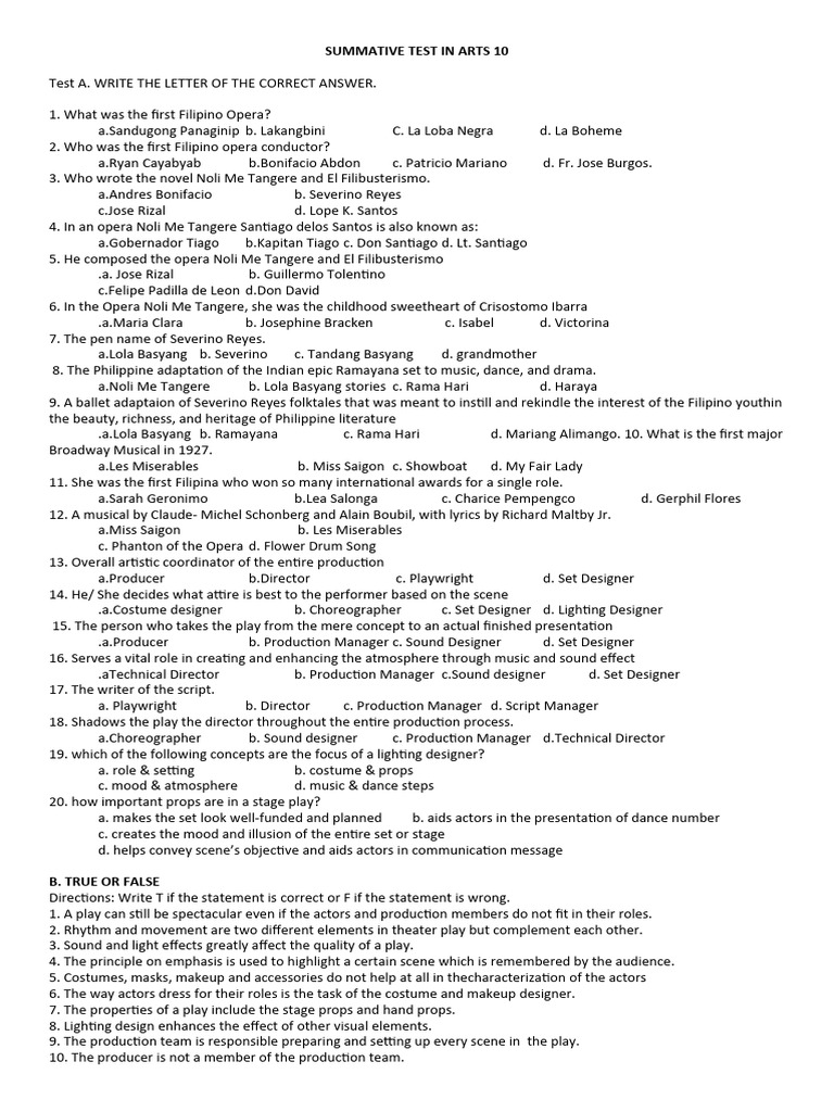 Summative Test In Arts 10 Pdf