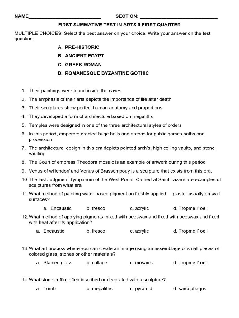 First Summative Test In Arts 9 First Quarter Pdf