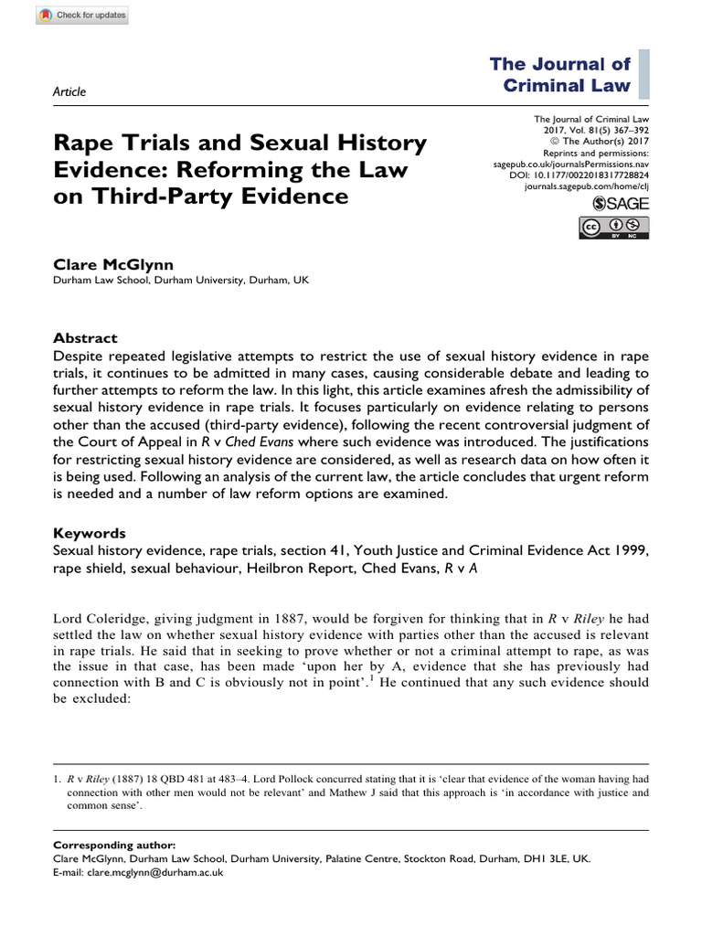Reforming Sexual History Evidence in Rape Trials | PDF | Rape | Evidence