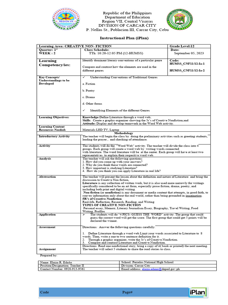 Creative Nonfiction Instructional Plan | PDF | Creative Nonfiction ...