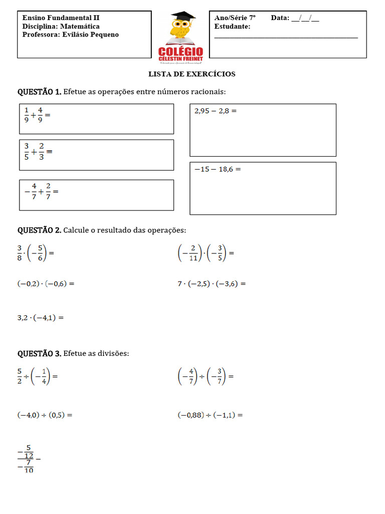 Exercícios de Números Racionais 7º Ano | PDF