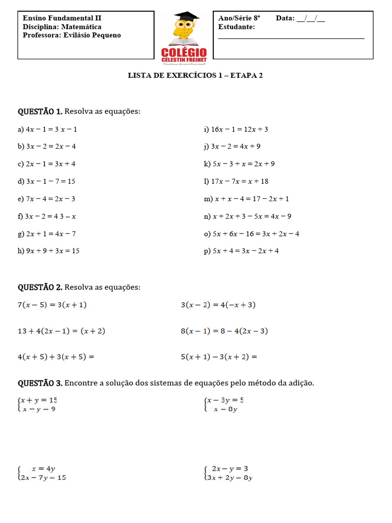 Exercícios de Equações 1º Grau - 8º Ano | PDF | Métodos e Materiais de ...