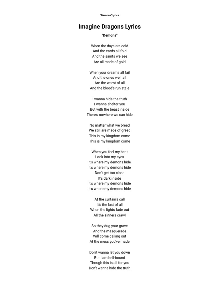 Imagine dragons demons lyrics pdf