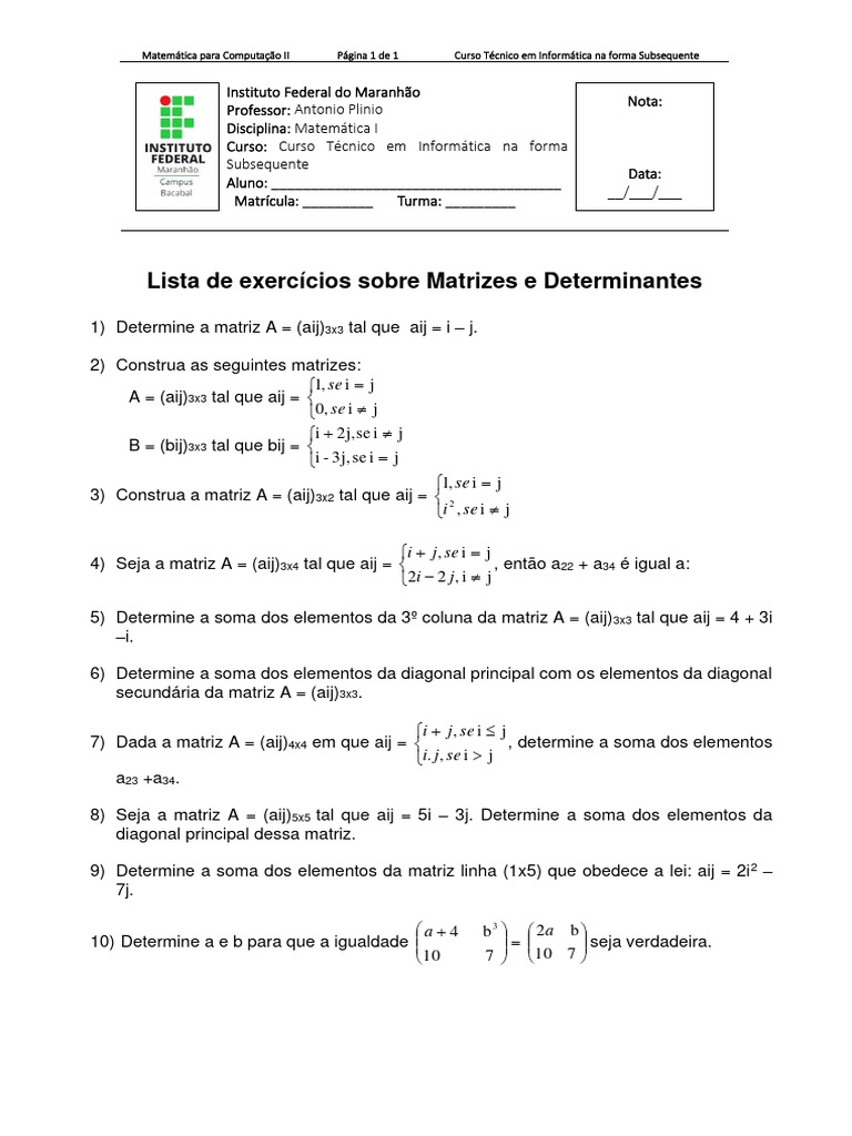 Exercícios sobre Matrizes e Determinantes | PDF | Determinante | Matriz ...