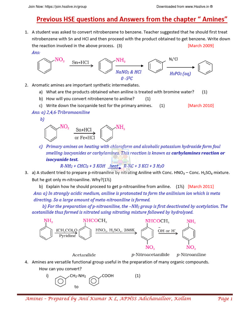 Hsslive-Xii-Chemistry-Qb-Ans-Anil-13. Amines | PDF | Amine | Chemistry