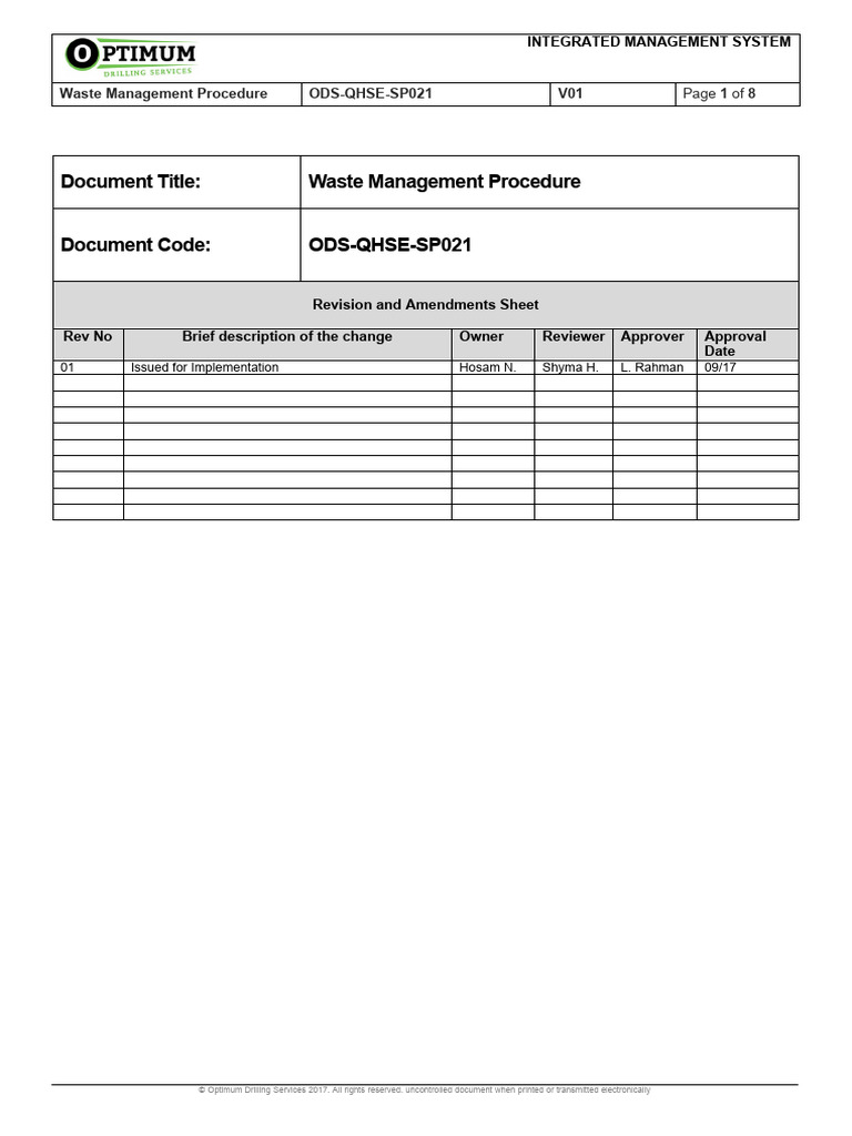 ODSQHSESP21 Waste Management Procedure PDF Waste Hazardous Waste