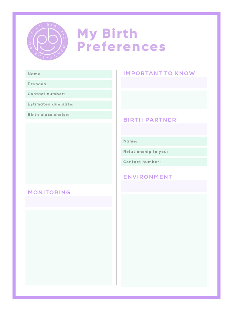 Birth Preferences Template PDF