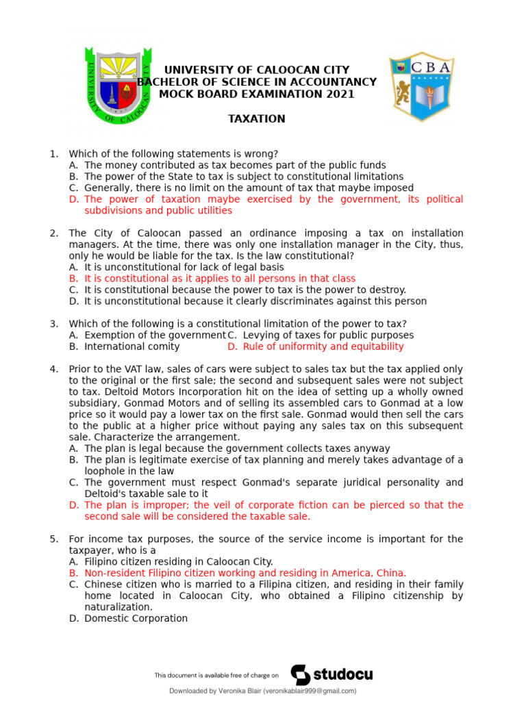 Ucc Mock Board Exam 2021 Taxation 70 PDF Taxes Tax Deduction