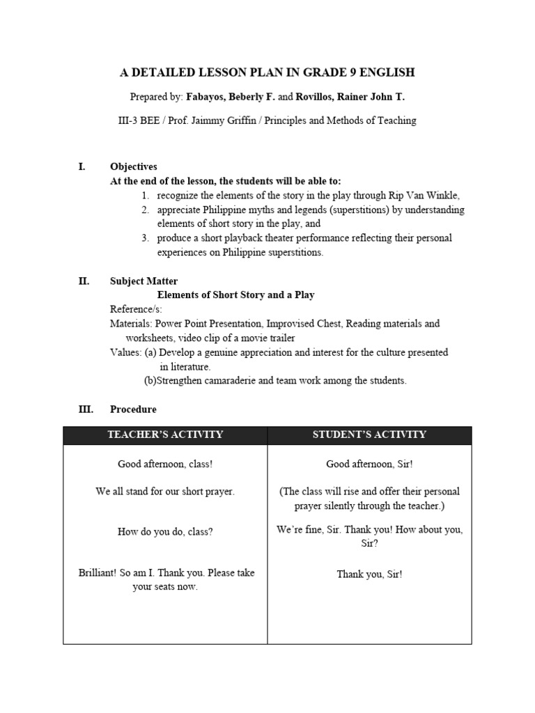 Grade 9 English Lesson Plan: Rip Van Winkle | PDF | Washington Irving ...