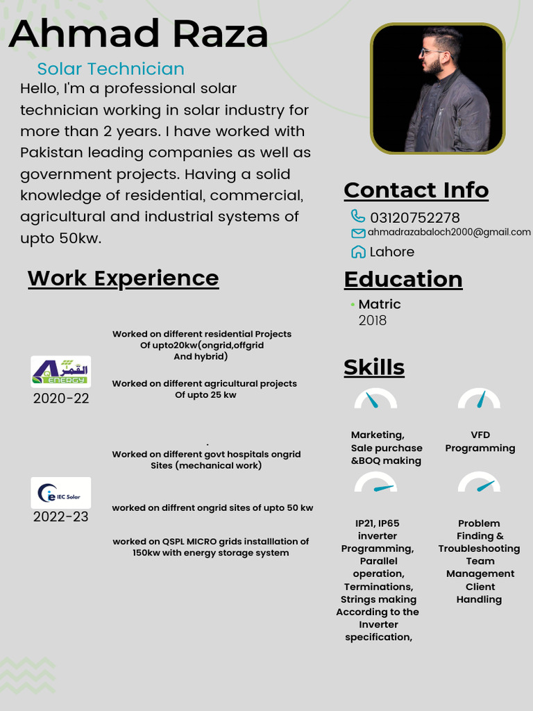 Ahmad Raza: Solar Technician Profile | PDF