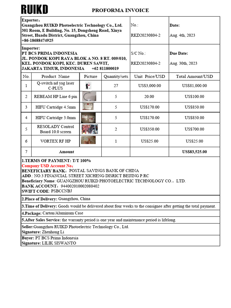 Proforma Invoice for PT BCS Prima Indonesia | PDF