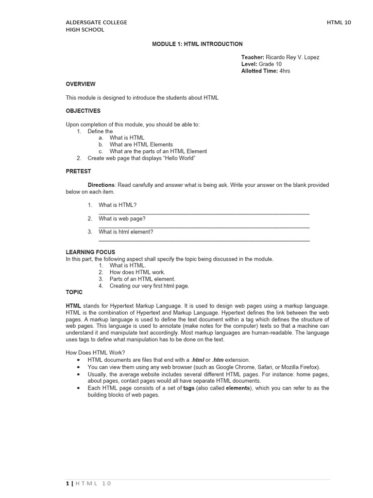 Module 1 Introduction To HTML | Download Free PDF | Html Element | Html