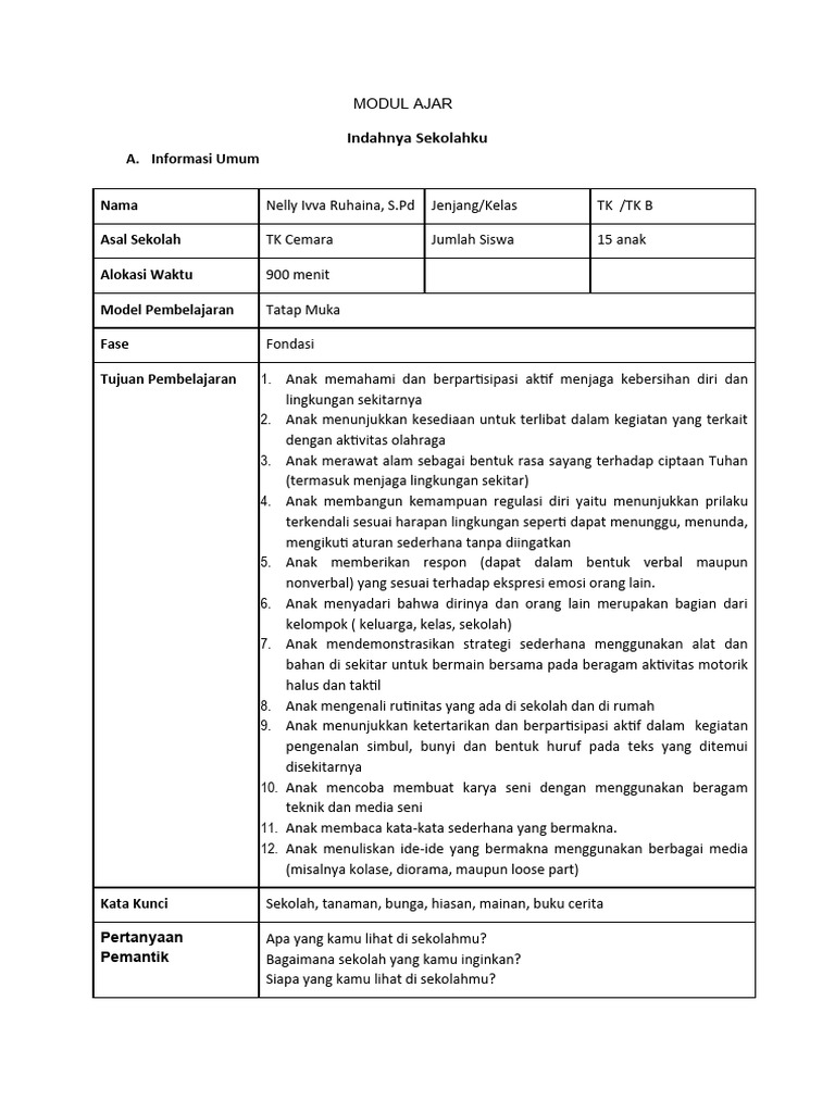 Modul Ajar Tema Sekolahku Untuk Tk Pdf