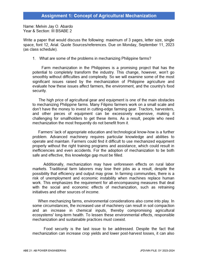 Assignment No. 1 Concept of Agricultural Mechanization | PDF ...