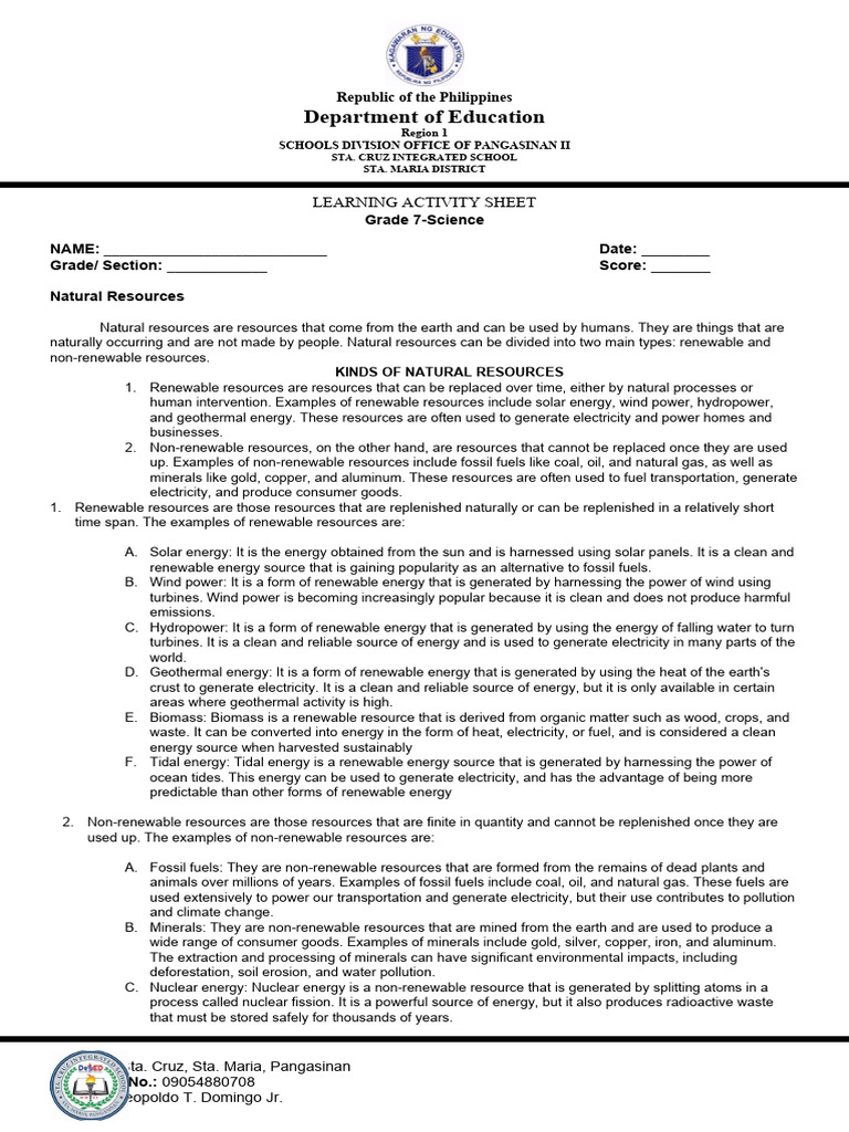 Grade 7 Science: Natural Resources Guide | PDF | Renewable Energy ...
