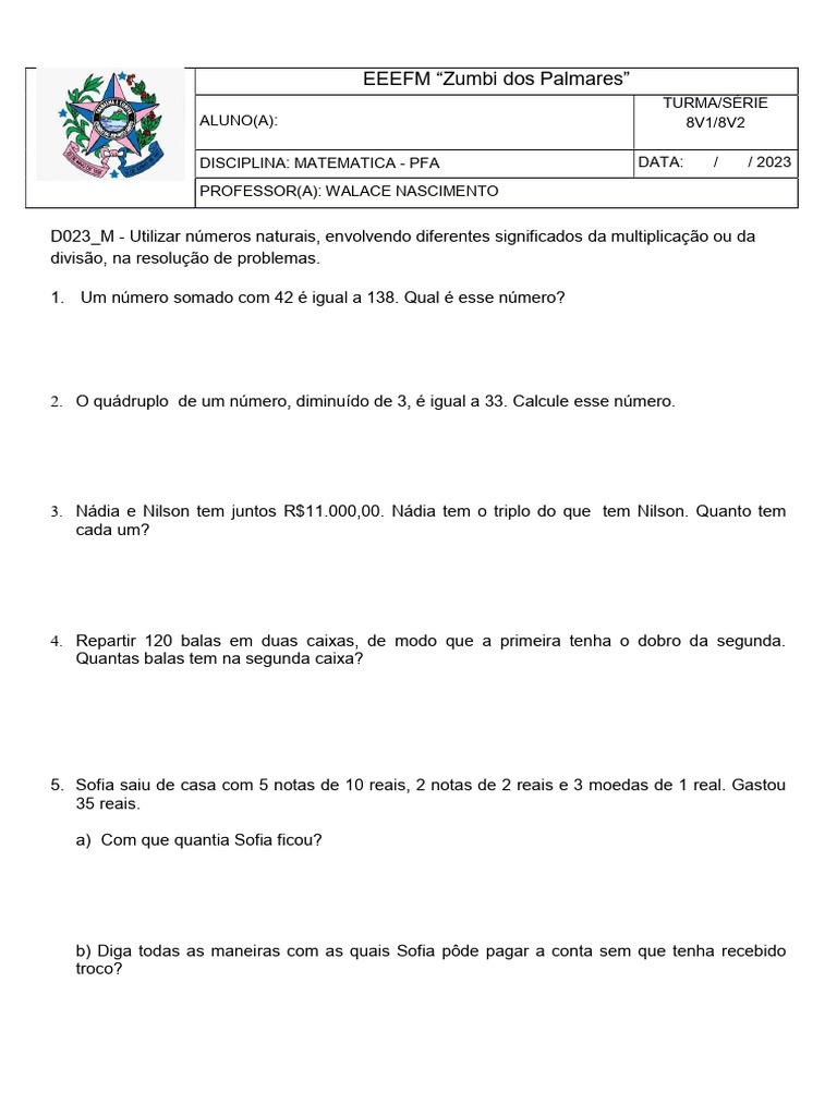 Problemas de Matemática 8º Ano | PDF