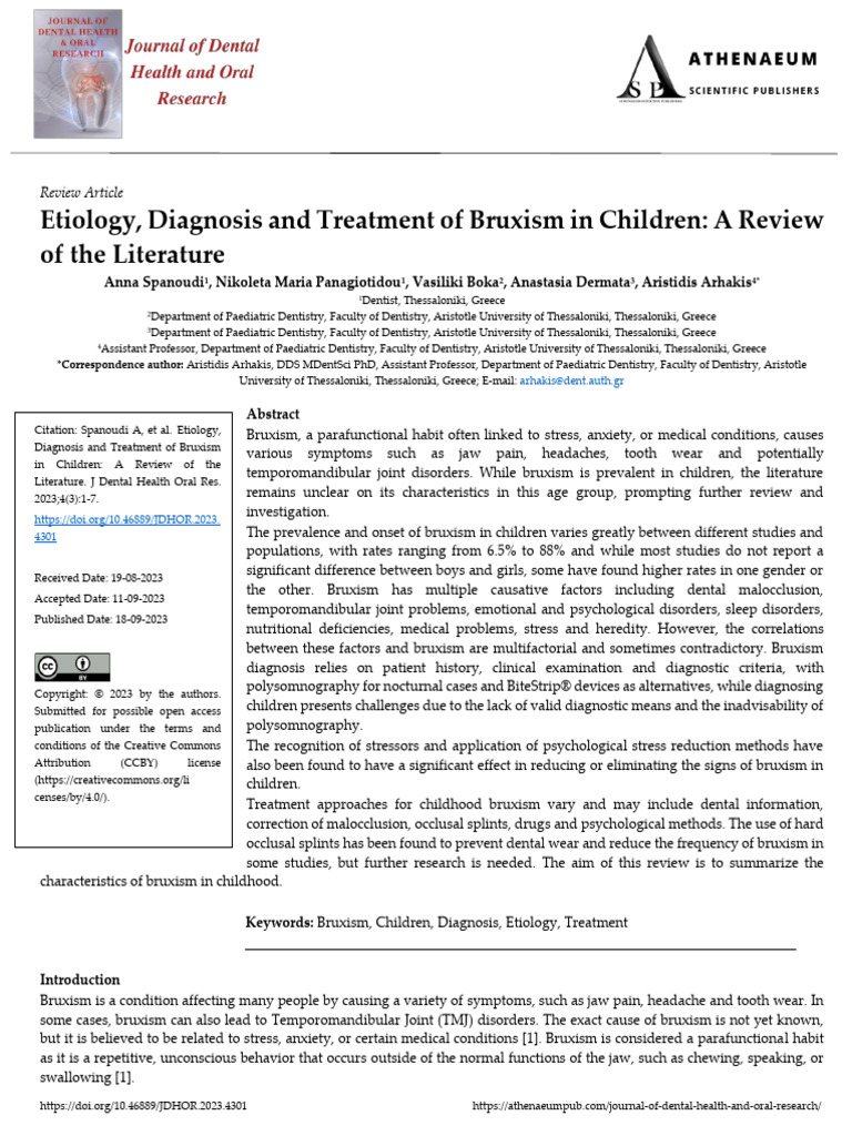 Etiology Diagnosis And Treatment Of Bruxism In Children A Review Of The