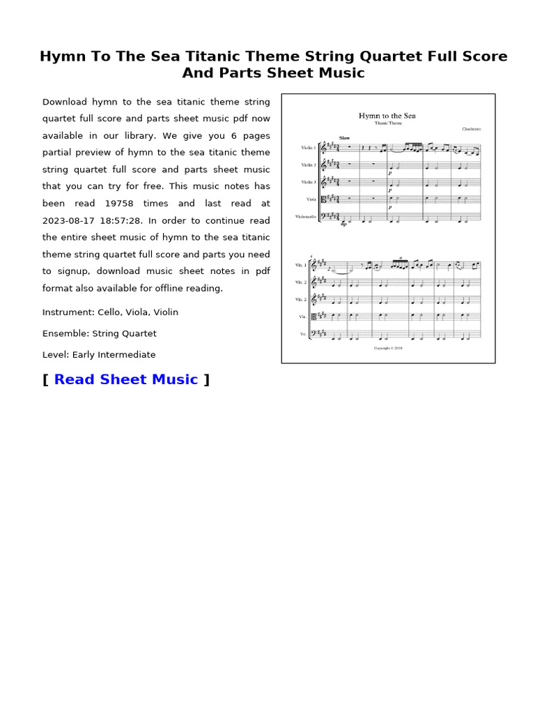 Hymn To The Sea Titanic Theme String Quartet Full Score and Parts PDF
