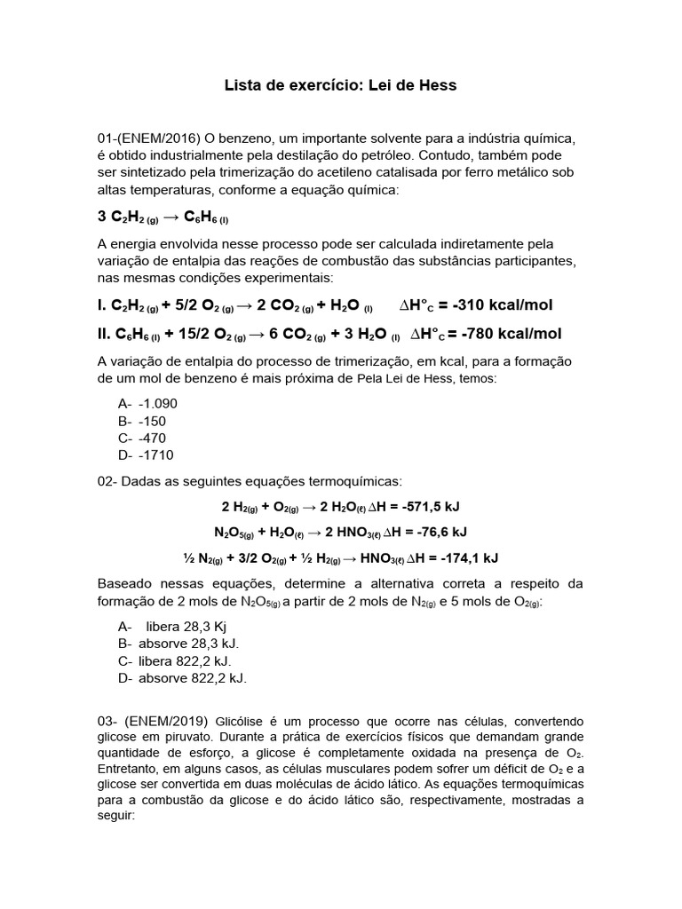 Lista de Exercício de LEI DE HESS | PDF | Entalpia | Reações químicas