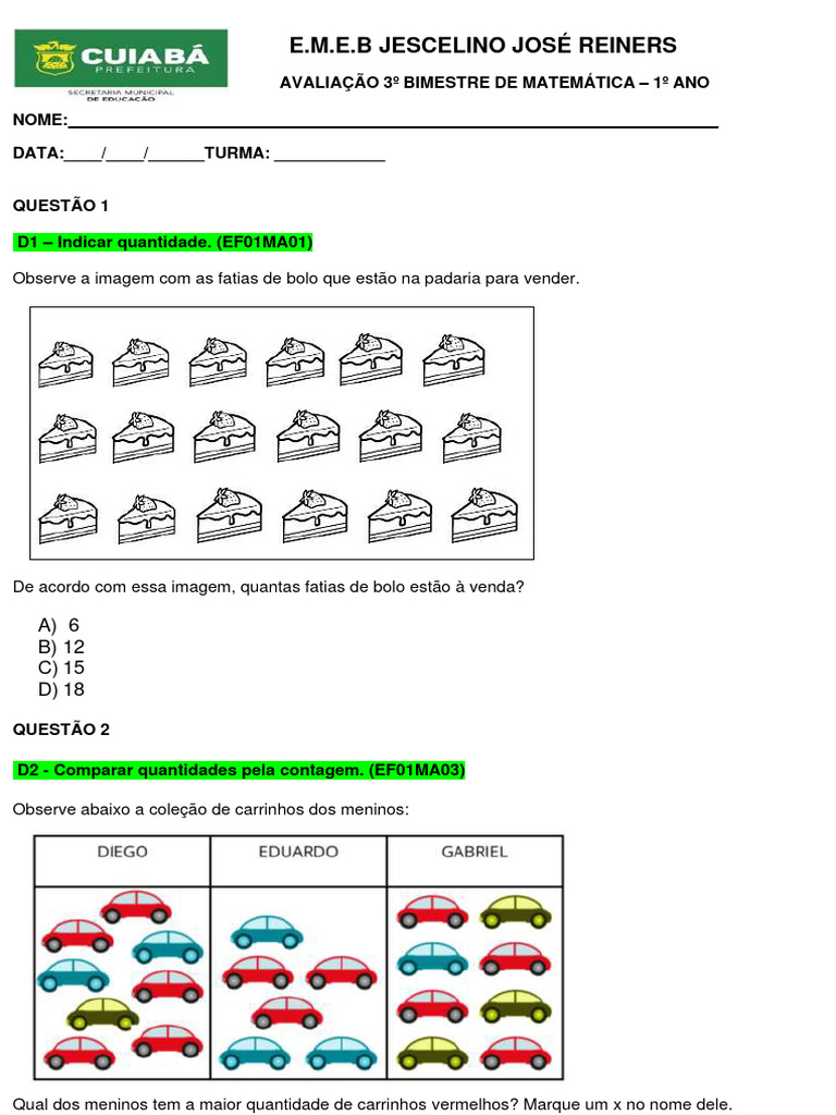 Avaliação 3 Bimestre 1º Ano Matemática | PDF