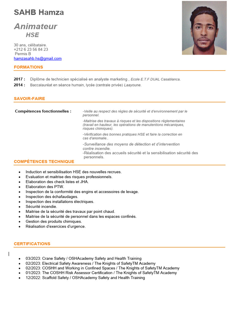 CV Animateur HSE - Compétences et Expériences | PDF | Centre d'appel