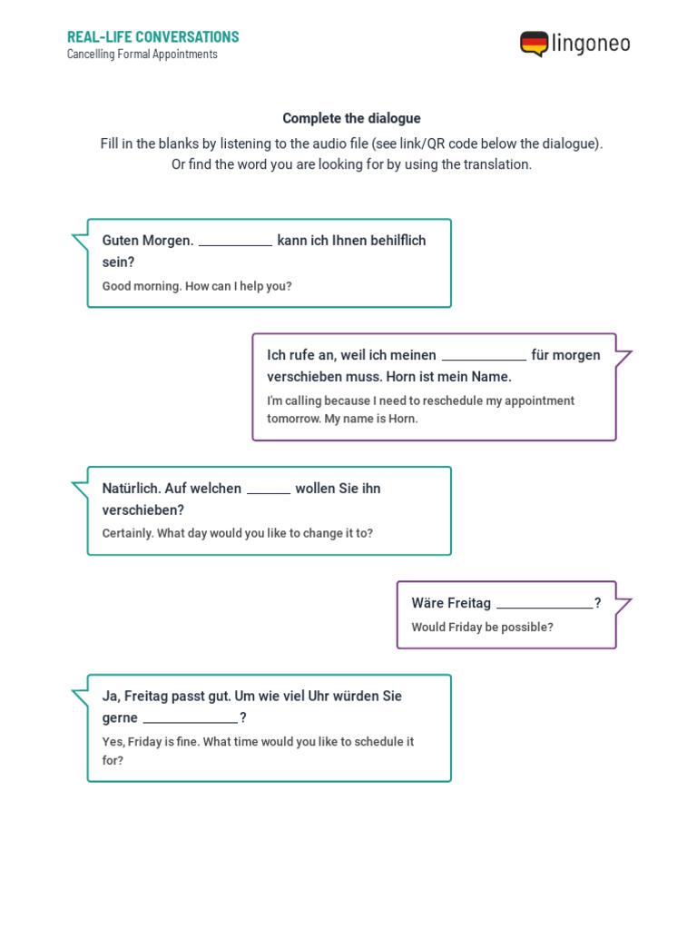 Cancelling Formal Appointments - Worksheet Dialogue Exercise (With ...