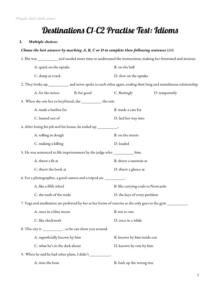 Destination Idioms Practice Test | PDF