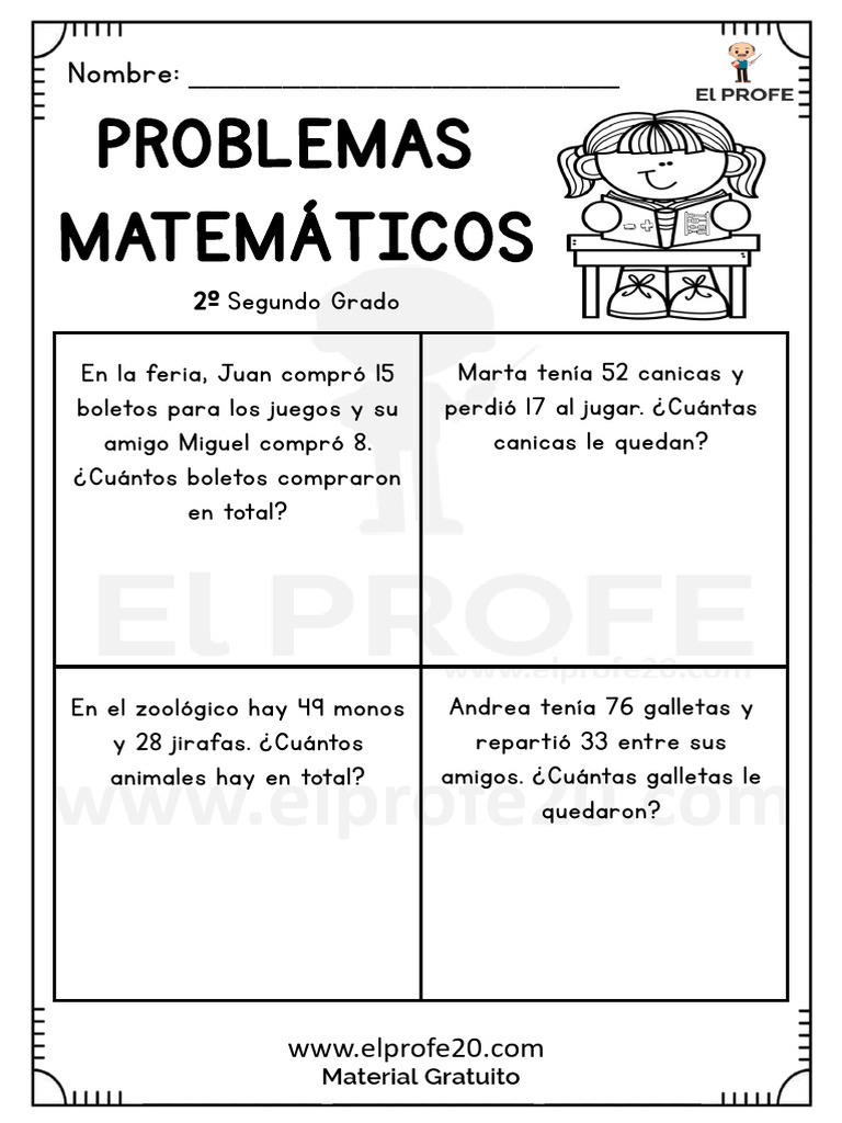 Cuadernillo de Problemas Matemáticos para Segundo Grado Elprofe20 | PDF