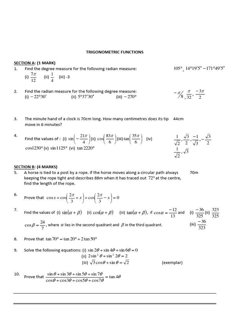 CBSE Class 11 Mathematics Worksheet Trigonometric Functions PDF