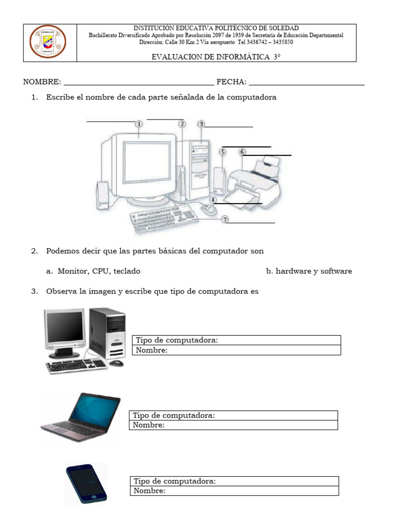 Evaluación de Informática 3°: Hardware y Software | PDF