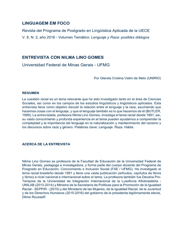 Entrevista Nilma Lino Gomes PDF Racismo Discriminación y