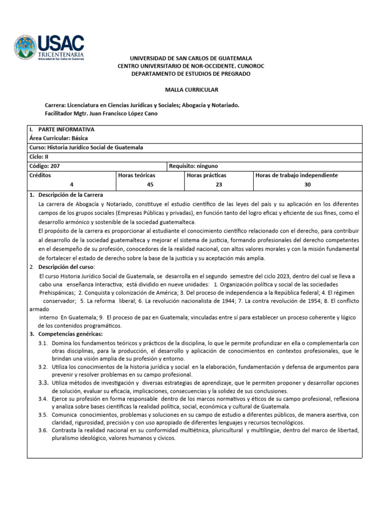 Mlla Curricular de Historia Juridico Social de Guatemala 2023 | PDF ...