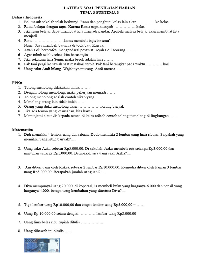<p><strong>Latihan Soal Tema 3 Subtema 1 Kelas 4</strong></p>
<p>” title=”</p>
<p><strong>Latihan Soal Tema 3 Subtema 1 Kelas 4</strong></p>
<p>“></p>
<p><strong>Pendahuluan:</strong></p>
<ul>
<li>Pentingnya Tema 3 Subtema 1 Kelas 4: "Peduli Terhadap Makhluk Hidup" dan "Bagian Tumbuhan dan Fungsinya".</li>
<li>Tujuan penyusunan latihan soal.</li>
<li>Manfaat latihan soal bagi siswa.</li>
</ul>
</li>
<li>
<p><strong>Bagian Tumbuhan dan Fungsinya: Konsep Dasar</strong></p>
<ul>
<li>Penjelasan singkat mengenai akar, batang, daun, bunga, buah, dan biji.</li>
<li>Fungsi utama dari masing-masing bagian tumbuhan.</li>
</ul>
</li>
<li>
<p><strong>Jenis-jenis Latihan Soal Tema 3 Subtema 1 Kelas 4</strong></p>
<ul>
<li><strong>Soal Pilihan Ganda:</strong>
<ul>
<li>Contoh soal yang menguji pemahaman konsep dasar.</li>
<li>Contoh soal yang menguji kemampuan mengidentifikasi fungsi bagian tumbuhan.</li>
</ul>
</li>
<li><strong>Soal Isian Singkat:</strong>
<ul>
<li>Contoh soal yang meminta siswa mengisi bagian yang kosong.</li>
<li>Contoh soal yang meminta siswa menyebutkan fungsi spesifik.</li>
</ul>
</li>
<li><strong>Soal Uraian Singkat:</strong>
<ul>
<li>Contoh soal yang meminta siswa menjelaskan fungsi suatu bagian tumbuhan.</li>
<li>Contoh soal yang meminta siswa menghubungkan fungsi dengan kebutuhan tumbuhan.</li>
</ul>
</li>
<li><strong>Soal Menjodohkan:</strong>
<ul>
<li>Contoh soal yang memasangkan bagian tumbuhan dengan fungsinya.</li>
</ul>
</li>
</ul>
</li>
<li>
<p><strong>Contoh Latihan Soal dan Pembahasannya</strong></p>
<ul>
<li>Bagian ini akan menyajikan beberapa set soal latihan lengkap dengan kunci jawaban dan penjelasan singkat.</li>
<li>Setiap set akan mencakup berbagai jenis soal untuk memberikan gambaran yang komprehensif.</li>
</ul>
</li>
<li>
<p><strong>Tips Belajar Efektif untuk Tema 3 Subtema 1</strong></p>
<ul>
<li>Membaca dan memahami materi dari buku teks.</li>
<li>Mengamati tumbuhan di lingkungan sekitar.</li>
<li>Membuat rangkuman atau peta pikiran.</li>
<li>Berdiskusi dengan teman atau guru.</li>
<li>Mengerjakan latihan soal secara rutin.</li>
</ul>
</li>
<li>
<p><strong>Kesimpulan:</strong></p>
<ul>
<li>Ringkasan pentingnya penguasaan materi.</li>
<li>Dorongan untuk terus berlatih.</li>
<li>Pesan moral tentang kepedulian terhadap makhluk hidup.</li>
</ul>
</li>
</ol>
<p><strong>Pendahuluan</strong></p>
<p>Tema 3 "Peduli Terhadap Makhluk Hidup" merupakan salah satu tema fundamental dalam kurikulum kelas 4 Sekolah Dasar. Tema ini dirancang untuk menumbuhkan kesadaran dan kepedulian siswa terhadap keberadaan makhluk hidup di sekitar mereka, serta pentingnya menjaga keseimbangan alam. Salah satu subtema yang menjadi fokus utama dalam tema ini adalah Subtema 1 yang membahas tentang "Bagian Tumbuhan dan Fungsinya". Pemahaman mendalam mengenai bagian-bagian tumbuhan, mulai dari akar hingga biji, serta peran vital yang dimainkan oleh setiap bagiannya, adalah pondasi penting untuk membangun apresiasi terhadap alam dan tanggung jawab untuk melestarikannya.</p>
<p>Penyusunan latihan soal yang relevan dan bervariasi adalah salah satu cara paling efektif untuk membantu siswa dalam menguasai materi ini. Latihan soal bukan hanya sekadar alat untuk menguji pemahaman, tetapi juga merupakan sarana belajar yang ampuh. Melalui pengerjaan soal, siswa dapat mengidentifikasi area mana yang sudah mereka kuasai dengan baik dan area mana yang masih memerlukan perhatian lebih. Selain itu, latihan soal juga melatih kemampuan berpikir kritis, analitis, dan pemecahan masalah siswa.</p>
<p>Manfaat latihan soal bagi siswa kelas 4 dalam konteks Tema 3 Subtema 1 ini sangatlah beragam. Pertama, latihan soal membantu memperkuat ingatan siswa terhadap nama-nama bagian tumbuhan dan fungsi-fungsi spesifiknya. Kedua, soal-soal yang dirancang dengan baik dapat mendorong siswa untuk menghubungkan pengetahuan teoritis dengan pengamatan praktis di lingkungan sekitar. Ketiga, variasi jenis soal, seperti pilihan ganda, isian singkat, uraian, dan menjodohkan, melatih siswa untuk berpikir dalam berbagai format dan menunjukkan pemahaman mereka dengan cara yang berbeda. Dengan demikian, latihan soal ini diharapkan dapat menjadi jembatan yang kokoh bagi siswa untuk memahami dan menginternalisasi pentingnya menjaga makhluk hidup, dimulai dari pemahaman mendalam tentang tumbuhan.</p>
<div style=