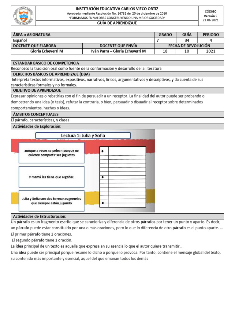Guía de Aprendizaje Español Grado 7 | PDF | Autor | Aprendizaje