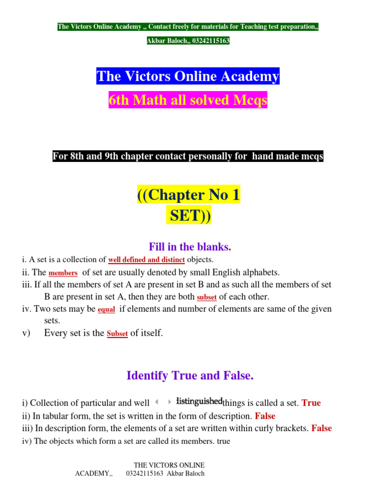 6th Math Solved Mcqs and Exercises | PDF | Set (Mathematics) | Abstract ...