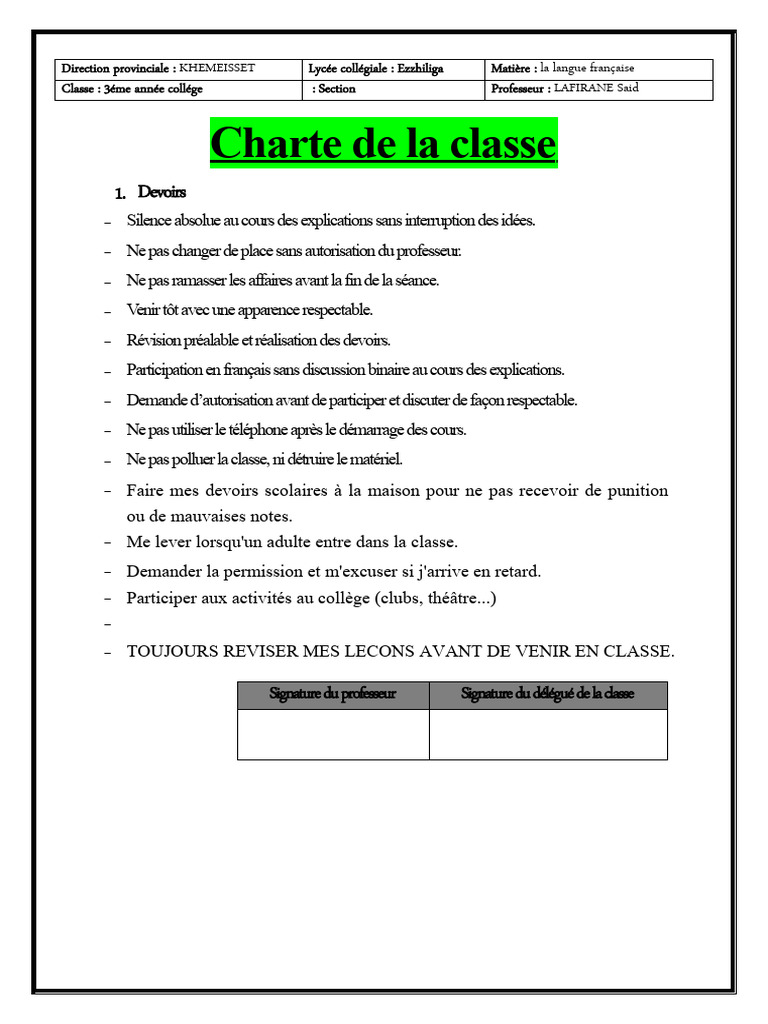 Charte De La Classe De 3 me Coll ge PDF