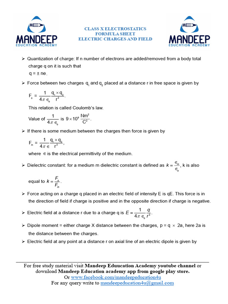 Electric Charges and Fields Fomulae Sheet New | PDF | Electric Field ...